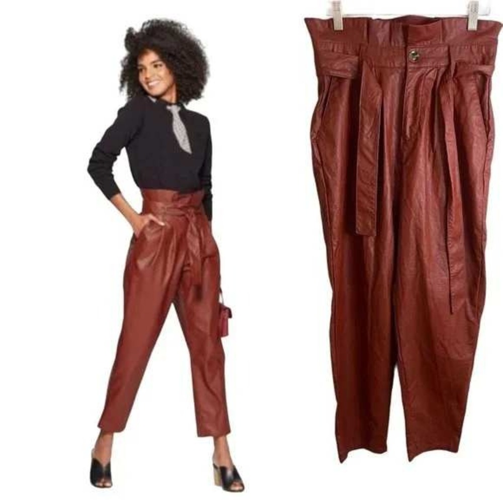 Who What Wear Womens High Rise Faux Leather Paperbag Pants Burgundy‎ Red Size 8